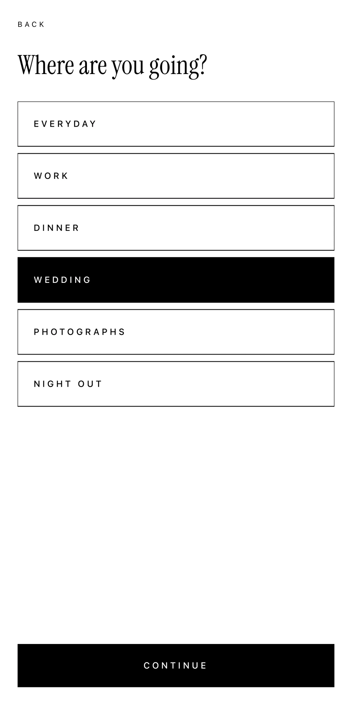 The Boirelle occasion picker: everyday, work, dinner, wedding, photographs and night out, each on its own outlined row.