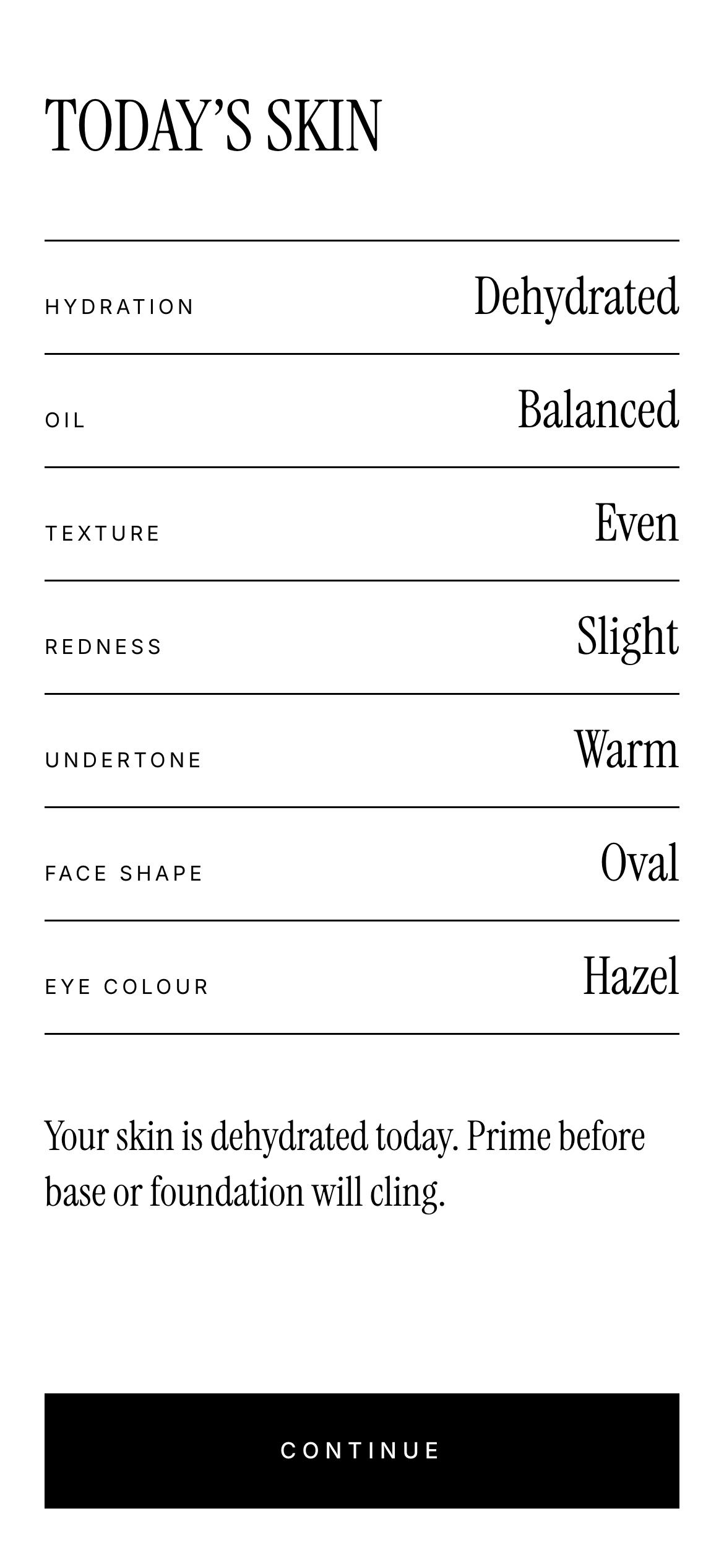 The Boirelle skin report: hairline-separated rows showing hydration, oil, texture, redness, undertone, face shape and eye colour.