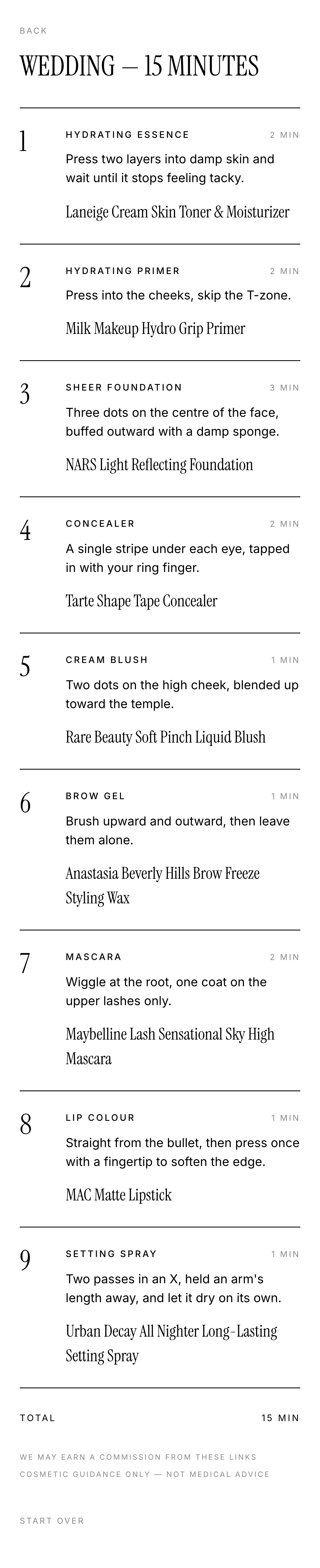 A finished 15-minute wedding routine: numbered steps, each with a product category, a one-line instruction, a duration and a recommended product, with the total time at the bottom.