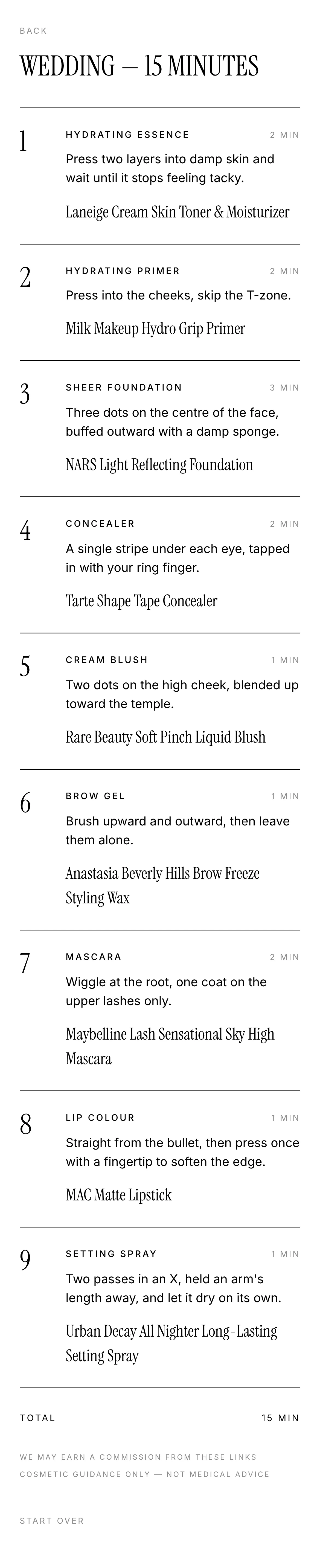 A finished 15-minute wedding routine: numbered steps, each with a product category, a one-line instruction, a duration and a recommended product, with the total time at the bottom.