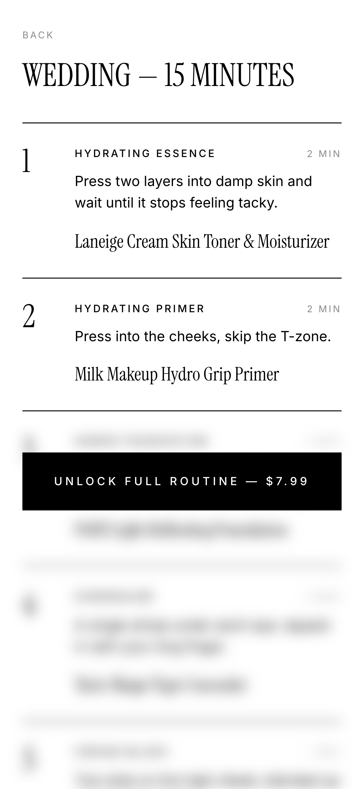 A Boirelle routine: numbered steps, each with a product category, a one-line instruction and a duration.