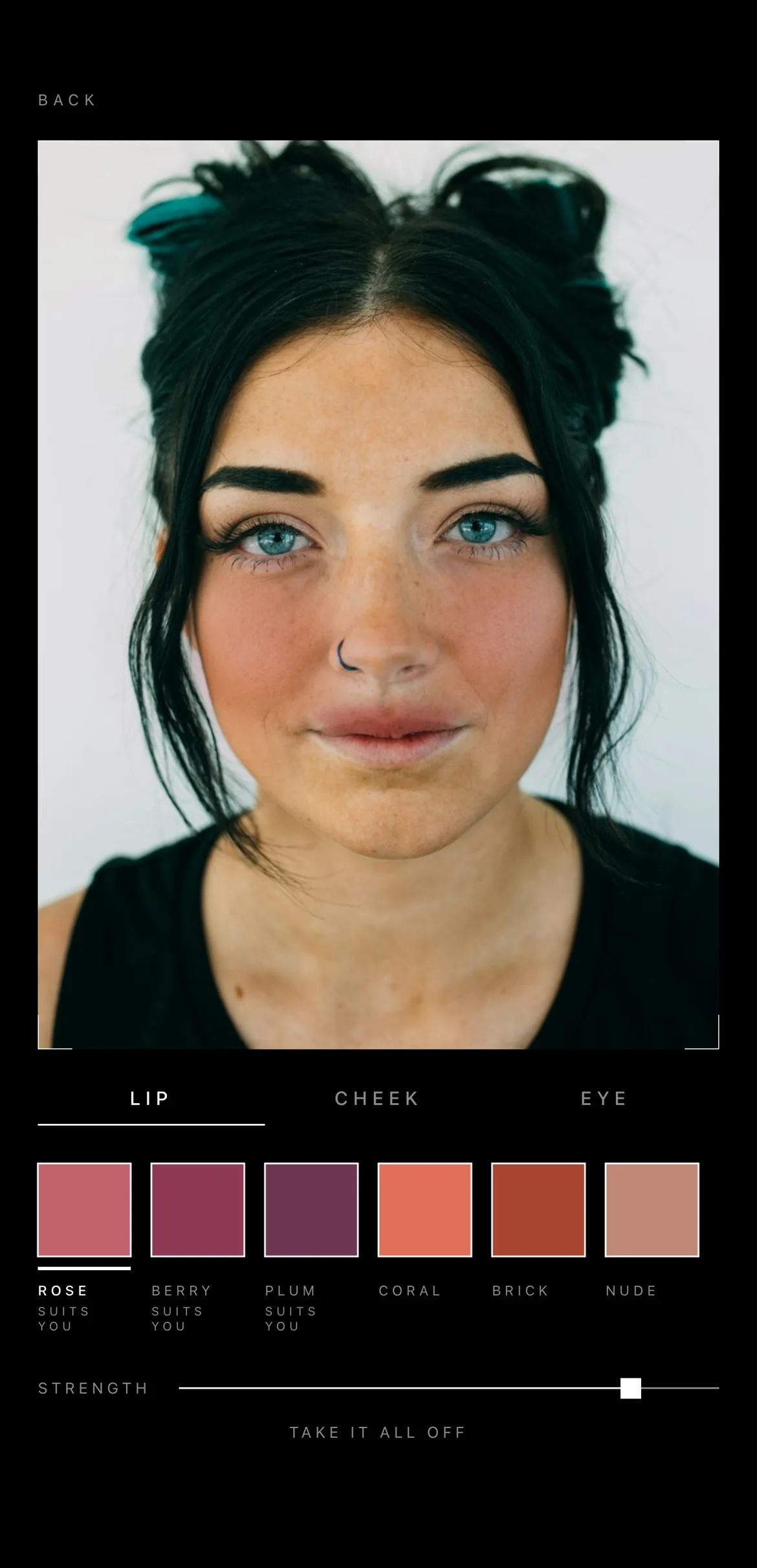 The Boirelle try-on studio: a scan with a rose lip and cheek painted on, six shade swatches beneath it and a strength slider.